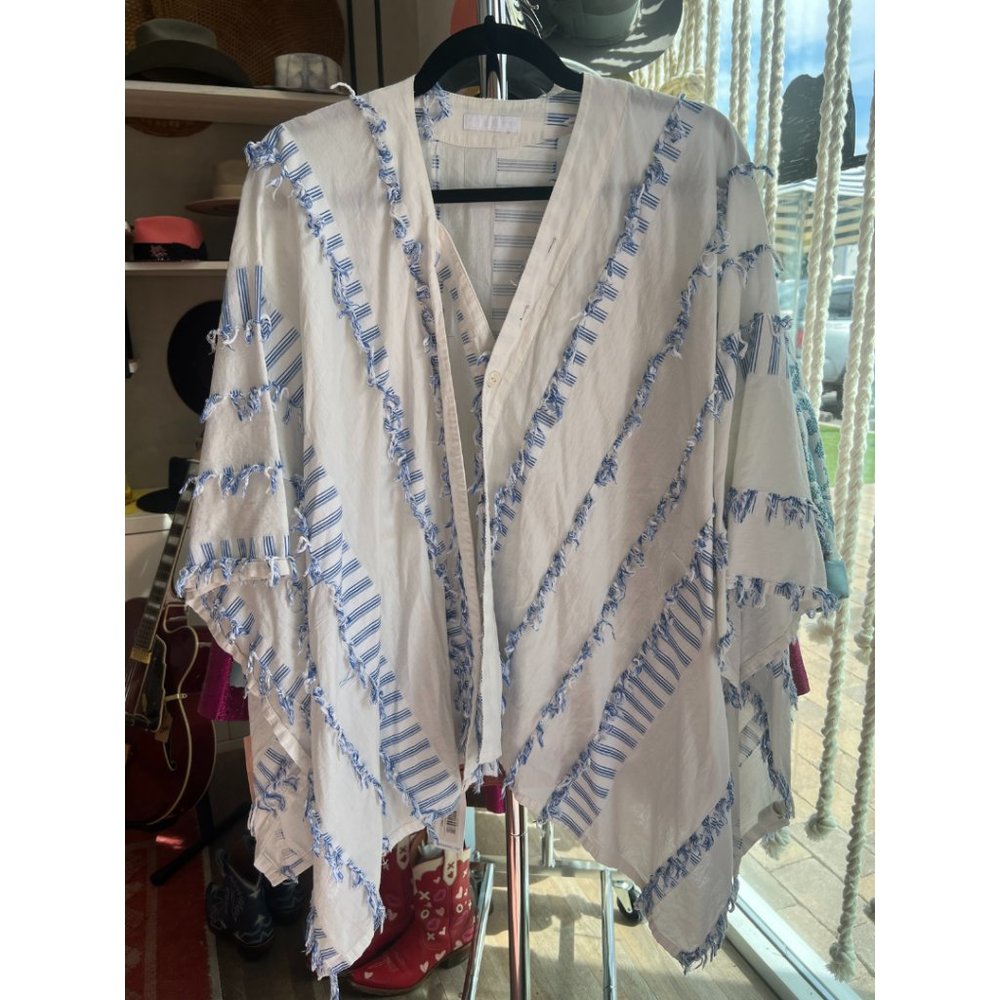 Engineer Garments Striped 3/4 Sleeve Fringe Accent Kimono Blue White One Size